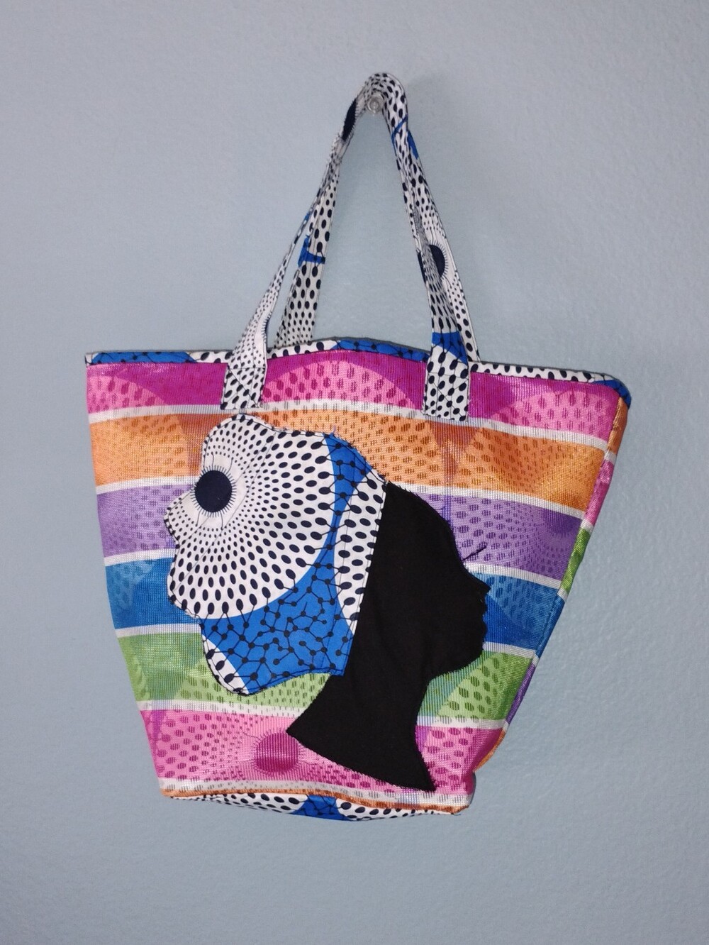 Colorful Striped Shoulder Tote with Patterned Silhouette